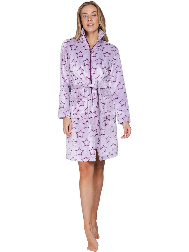 Rebelle Fleece dames Badjas met Rits - Purple stars
