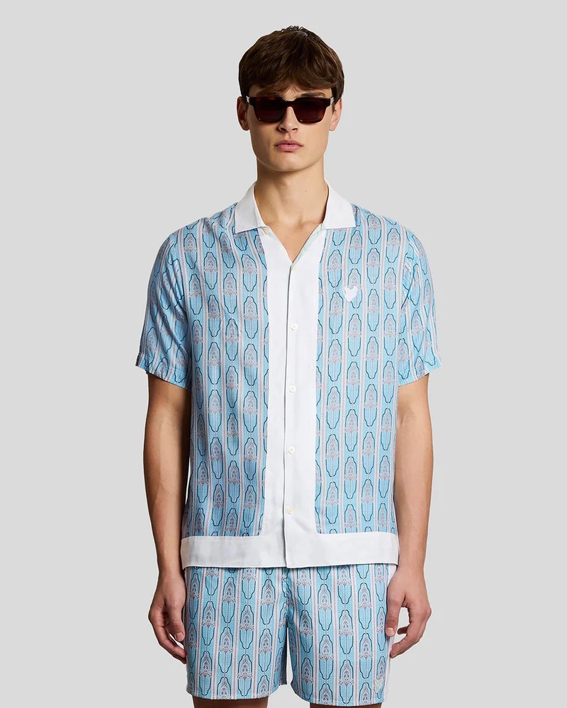 Lyle & Scott Heren overhemd met korte mouwen en bloemenprint | Amandelcrème Parma Blauw