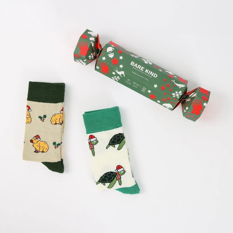 Bare Kind Kerstcracker capibara & schildpad bamboe sokken | 2 stuks