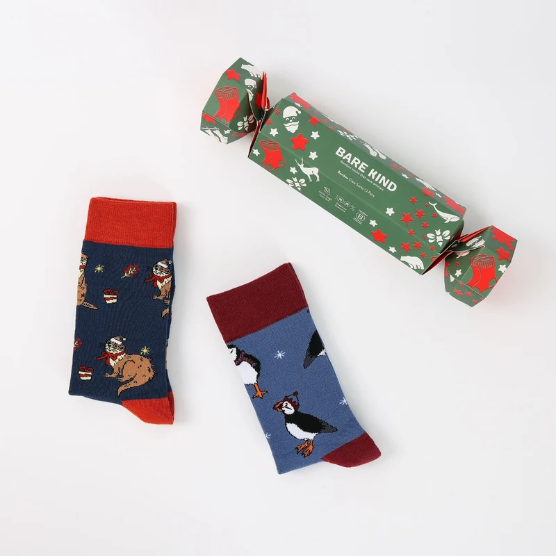 Bare Kind Kerstcracker bamboe sokken met otter en papegaaiduiker | 2 stuks